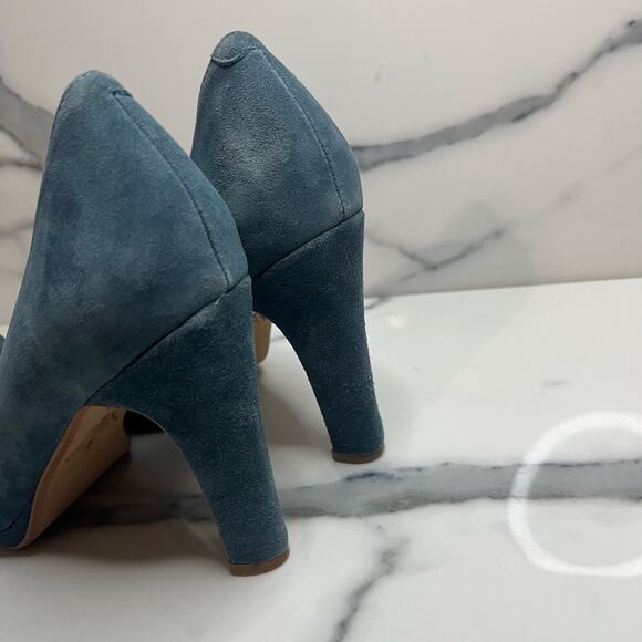 Anthropologie Miss Albright | Women's Blue Suede Rosette Melia Heels Sz 8 - Picture 4 of 7